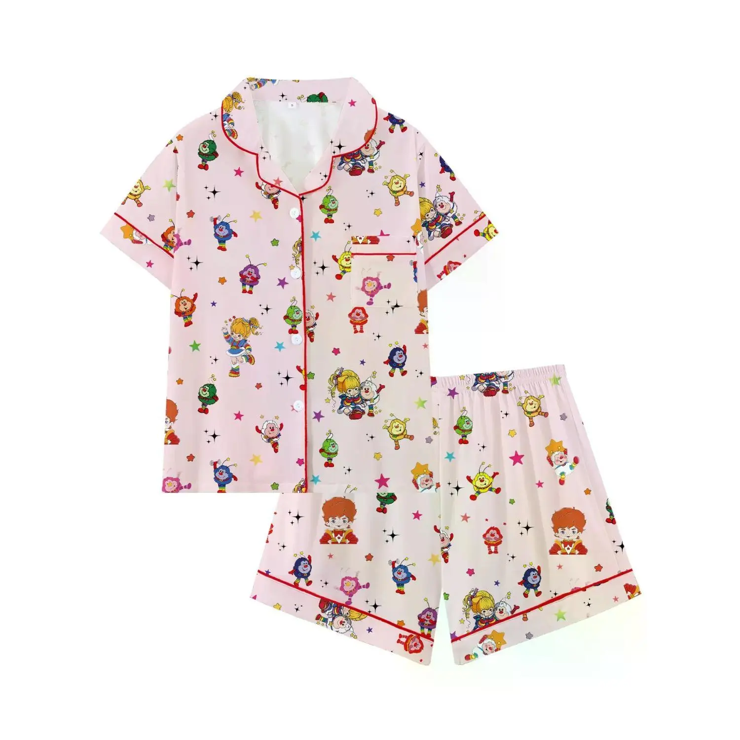 Retro Rainbow Brite Collar Short Sleeve Pajama Set - Cozy Sleepwear & Loungewear for Indoor and Outdoor Relaxation, Ideal Gift for Pajama Enthusiasts