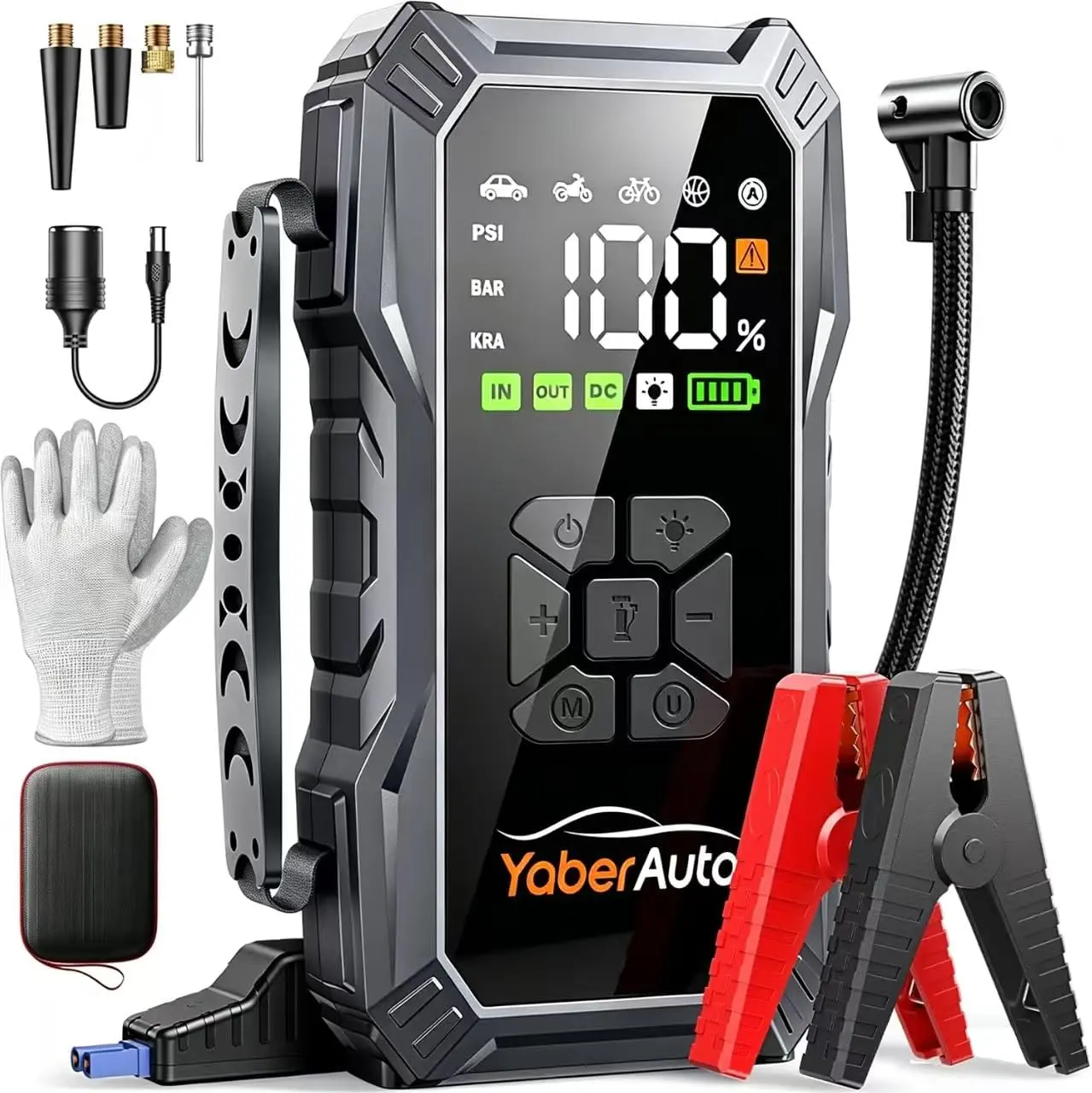 YaberAuto AP01 10-in-1 Jump Starter with Air Compressor 6000A 150PSI Car Battery Jump Starter (All Gas/10L Diesel) 12V Jump Box Car Battery Jumper Starter Portable Jumper Cables, 150W DC, Gloves, Lights