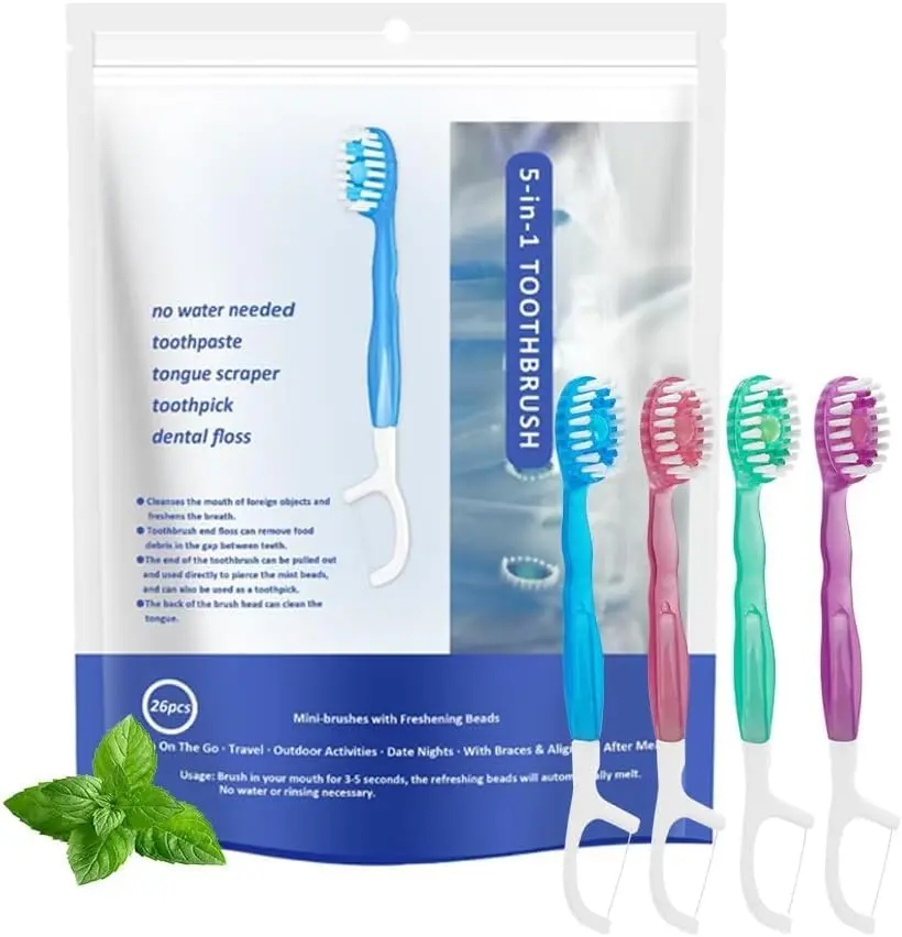 5-in-1 Disposable Toothbrush Set – 26pcs/Box Mini Travel Toothbrush with Floss, Tongue Scraper, Toothpick & Built-in Toothpaste. Individually Wrapped Oral Care Kit, Compact & Portable for Fresh Breath at Work, Travel, Dating & Business Trips Daily