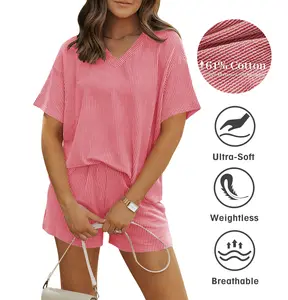 Miduo Women's 2 Piece Sets Ribbed Textured Knit Casual Short Sleeve Shirts Shorts Two Piece Lounge Matching Set for Spring Summer Fall Soft Womenswear