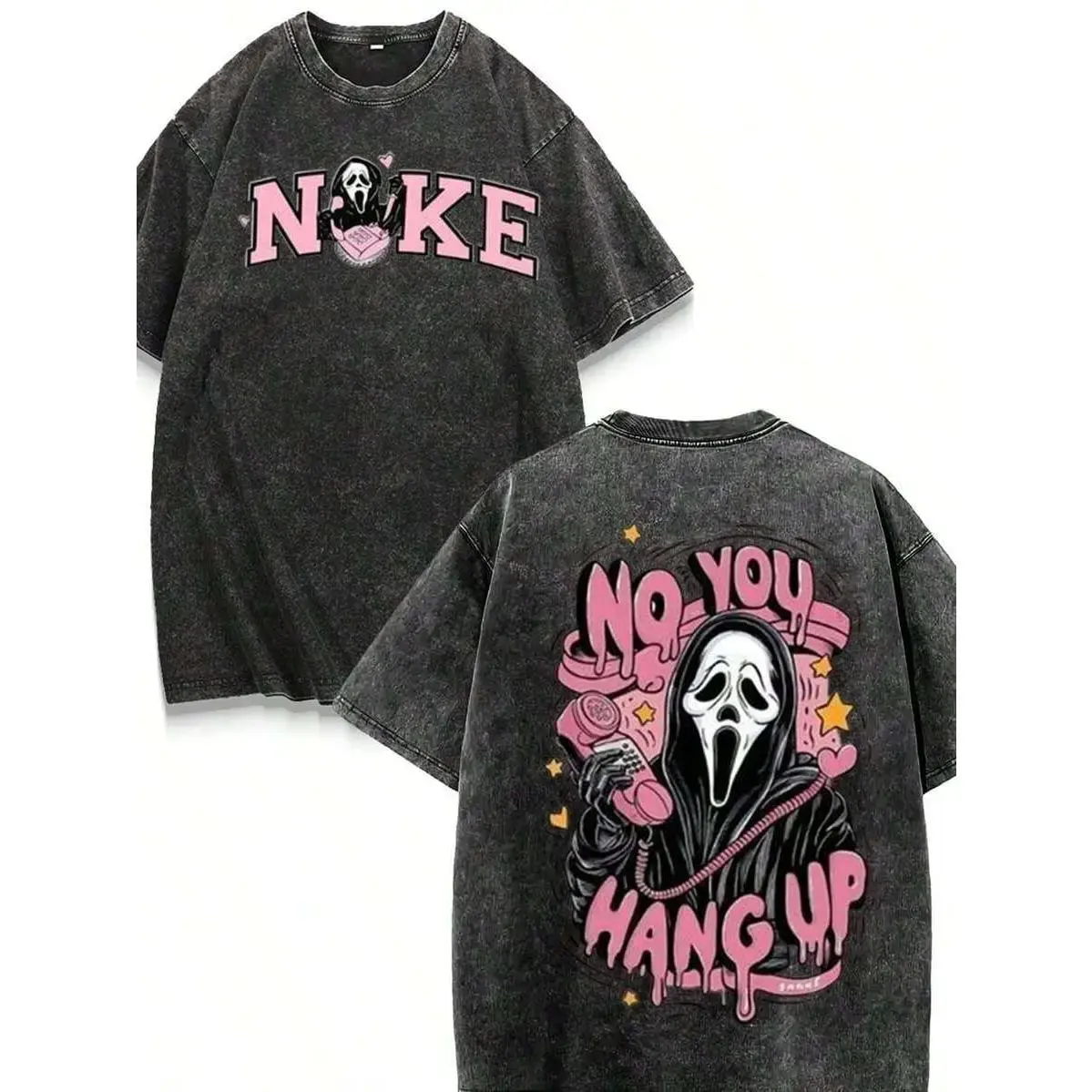American Retro Distressed Ghost Face Graphic T Shirt Black Pink Color Block NO YOU HANG UP Printed Short Sleeve 230g Heavyweight 100 Percent Cotton Loose Fit High Street Casual Couple Summer Tops Unisex Washed Streetwear Fashion Tee for Men and Women