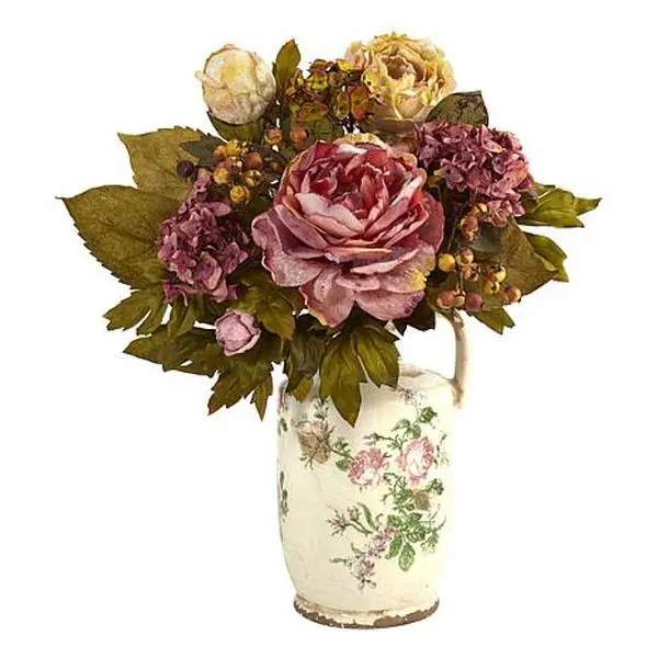 Nearly Natural 18 in. Peony Artificial Arrangement in Floral Pitcher