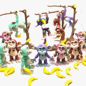 Mini Monkeys with Accessories Tree and Banana 3D Printed Articulated Digital Multi Color Flexy Monkey Decoration Figure