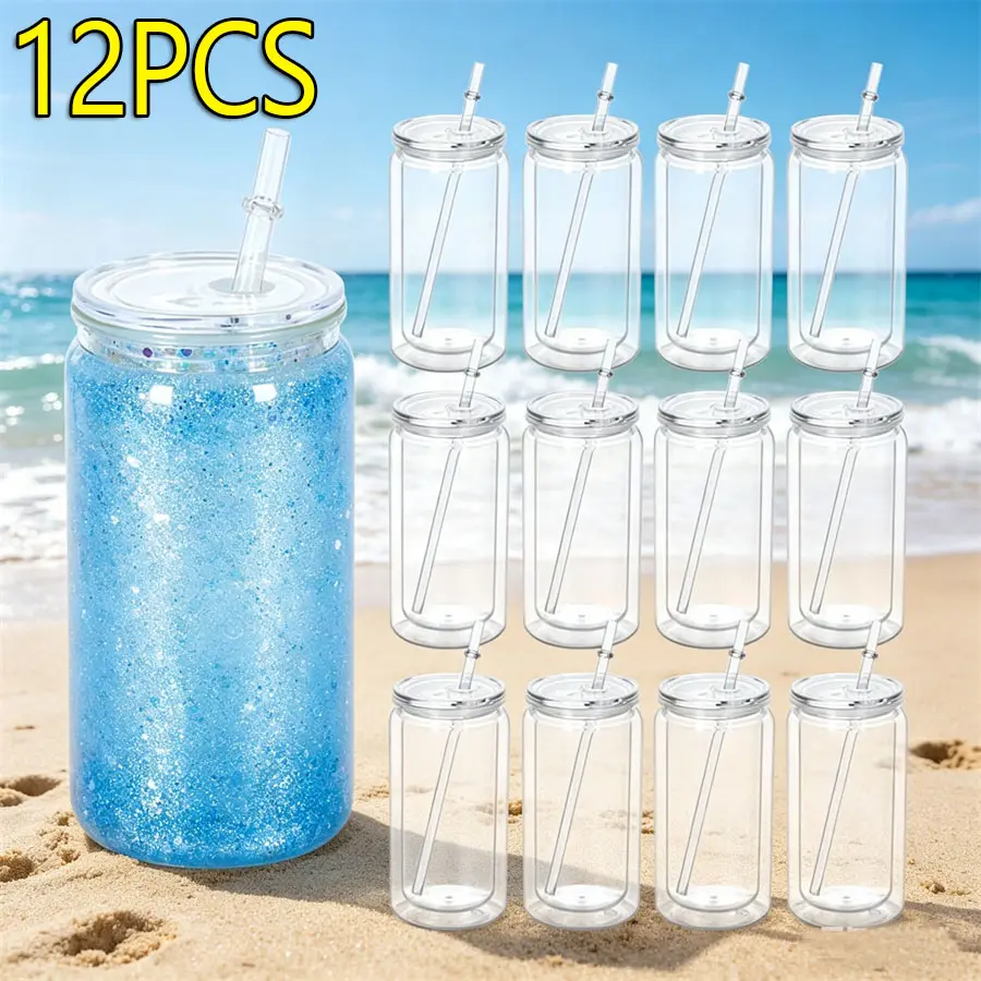 12 PACK 16 oz Plastic Snow Globe Tumbler with Pre-drilled Hole, Double Wall Acrylic Snowglobe Cup Plastic Can with Lid and Straw Plastic Mason Jar Mug for Snow Globe Glitter DIY Gift (Clear) Drinkware