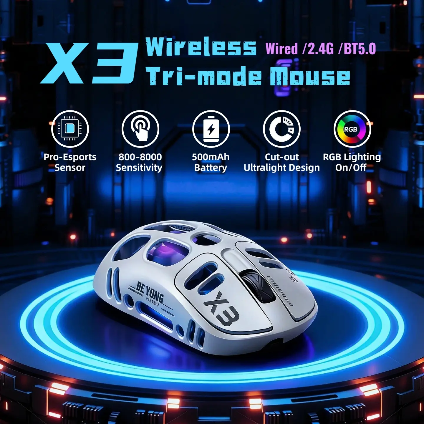 T-WOLF X3 Ergonomic Lightweight Wireless Gaming Mouse - Tri-Mode Connection, Pro-Grade High-Sensitivity Tracking Sensor, RGB Lighting, Stability, Contour Adjustable Design, Comfortable Grip, Gray White, for Work and Study
