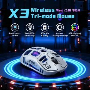 T-WOLF X3 Lightweight Wireless Gaming Mouse – Tri-Mode Connection, Pro-Grade Sensor, RGB Glow, Comfortable Grip – Gray White
