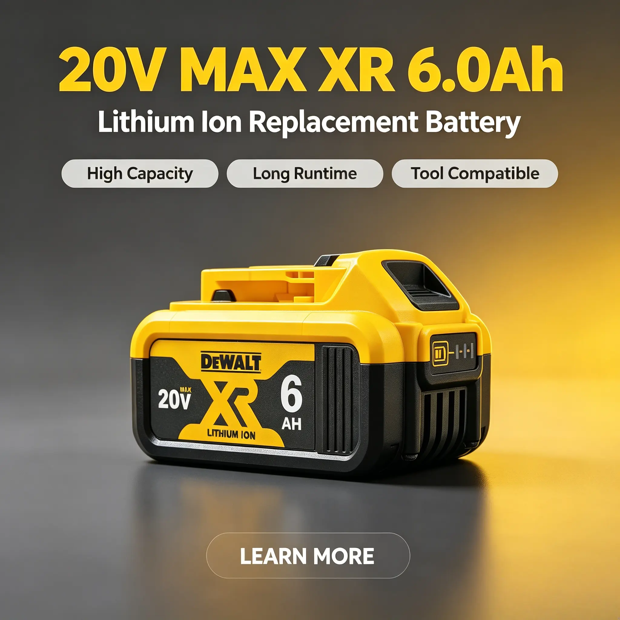 DEWALT 20V 6Ah Lithium XR Cordless Tool Battery, Rechargeable Power Tool Battery, Fast-Charging, Safe & Reliable Performance, Cordless Tool Batteries