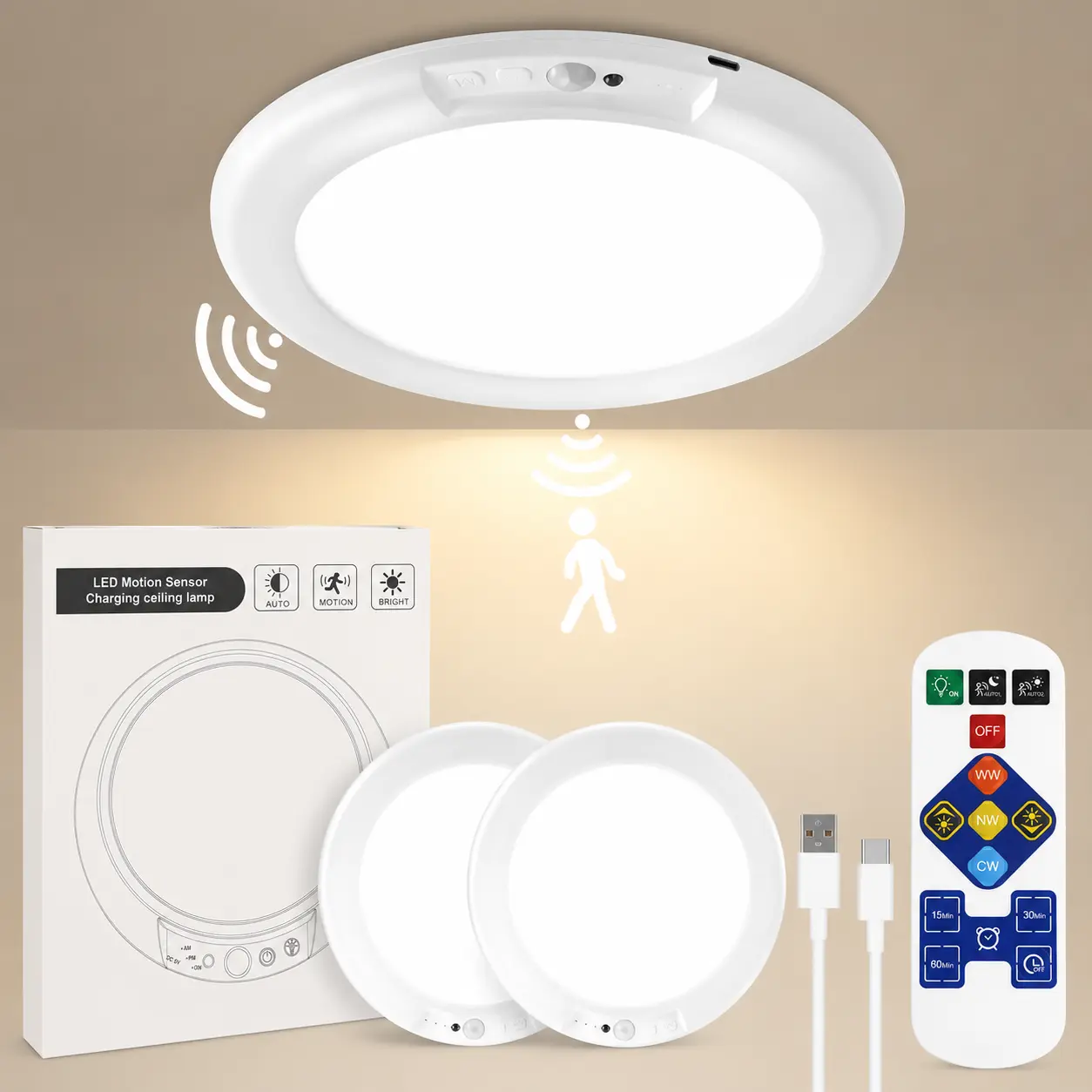 Motion Sensor Ceiling Light Rechargeable with Remote, Magnetic Wireless Ceiling Light Battery Powered Closet Light for Stairs Bathroom Hallway Porch Garage Patio Indoor Outdoor Use 4/2 Pack chandelier crown motionsense shower room kitchen recessed 
