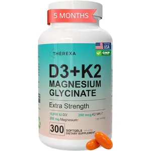 Vitamin D3 K2 10000 IU Magnesium Supplement Extra Strength with 10000 IU Vitamin D3 and K2 MK7 200 mcg Magnesium Glycinate Supplements Complex for Bone Teeth Immune Support Calcium Absorption and Muscle Relaxation 300 Softgels