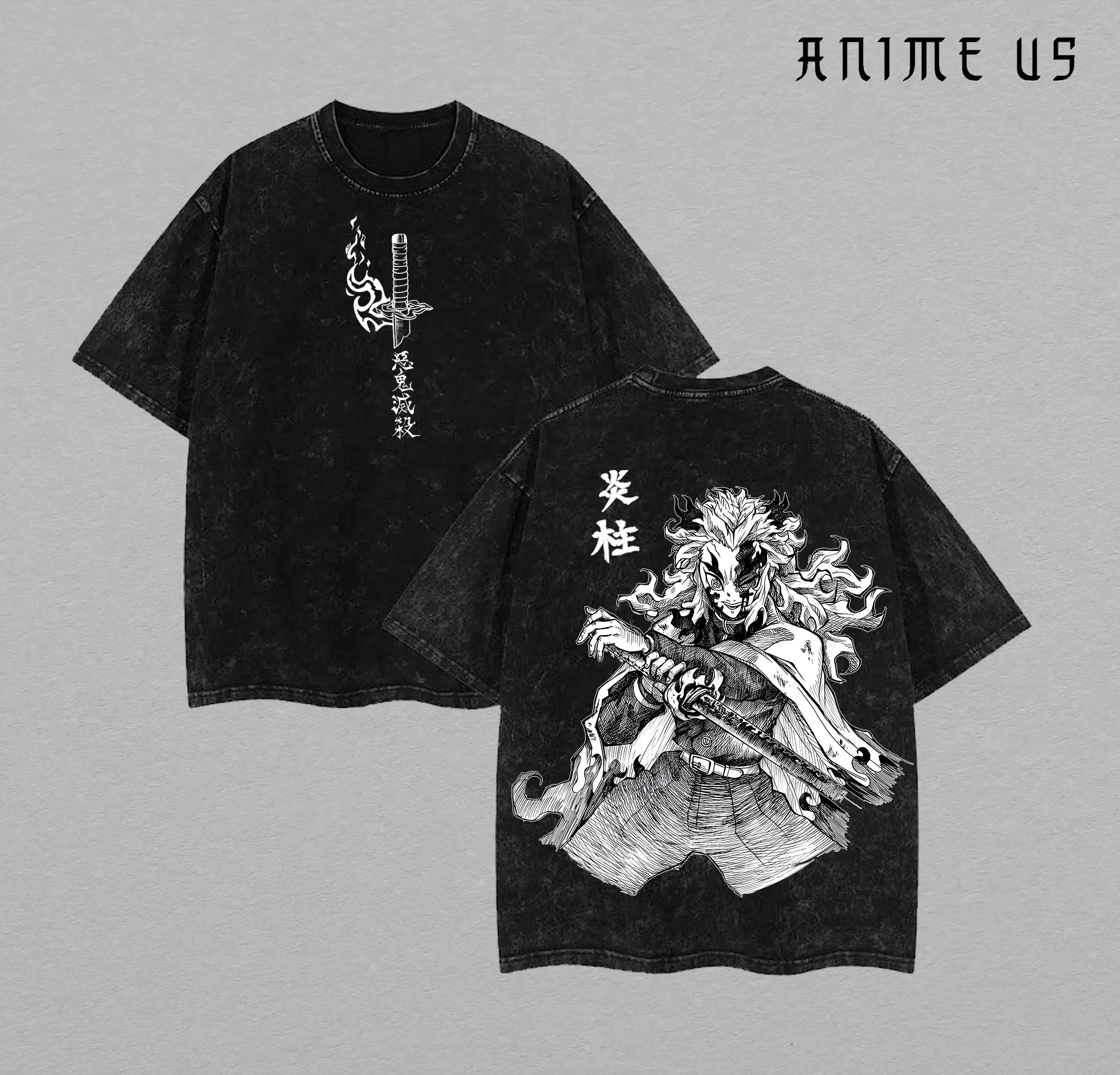 Kyojuro Rengoku (Flame Hashira) x Demon Slayer: Kimetsu no Yaiba Anime Double Printed Vintage Washed Tee Unisex Anime Manga Washed Heavyweight Cotton T-shirt, Gift For Anime Fan, Anime Lover