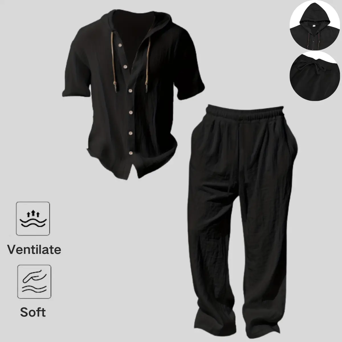 Men’s lightweight two-piece set with a hood, casual vacation style, loose and breathable thin fabric, hooded sweatshirt and wide-leg pants, for summer wear