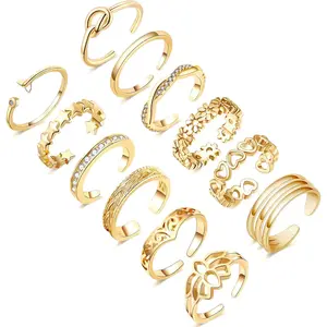 TRS3 12PCS 14K Gold/Silver Plated Toe Rings for Women Adjustable Band Rings Open Flower CZ Toe Ring Set Beach Foot Jewelry
