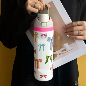 Bow Pattern Stainless Steel Vacuum Flask, 1 Count Portable Durable Insulated Water Bottle with Straw, Drinking Cup for Home Office School Outdoor, Tumbler with Lid
