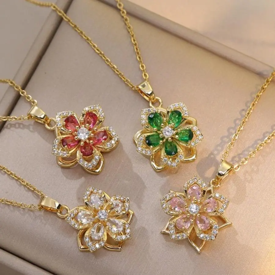 Women's Flower Shape Pendant Necklace with Synthetic Zircon and Sparkling Rhinestones Party Jewelry Durable, Floral Design, Female, Durable And Luxurious, 360° Rotating Flower Pendant