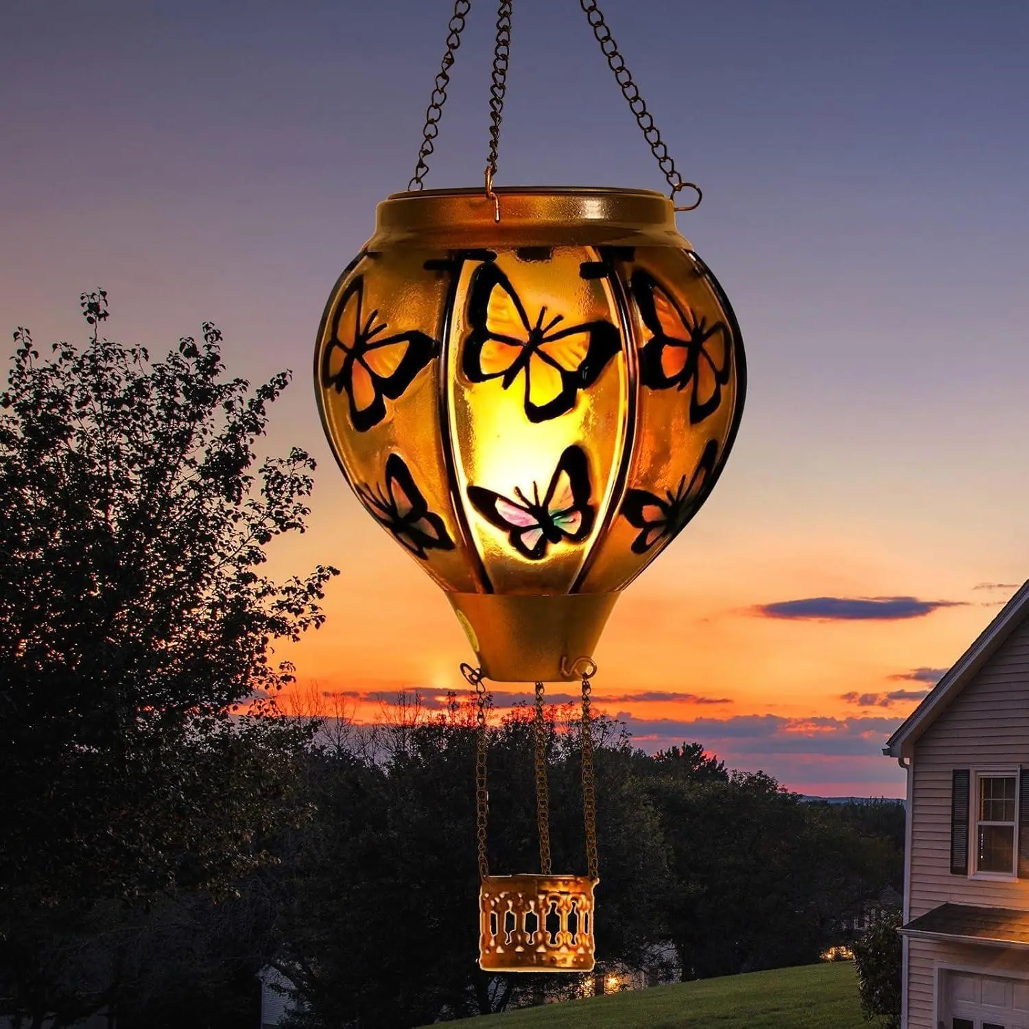 Butterfly Solar Hot Air Balloon Lantern, Waterproof Hanging Stained Glass Outdoor Light with Flickering Flame Effect, Garden Decor for Patio, Gift for Women