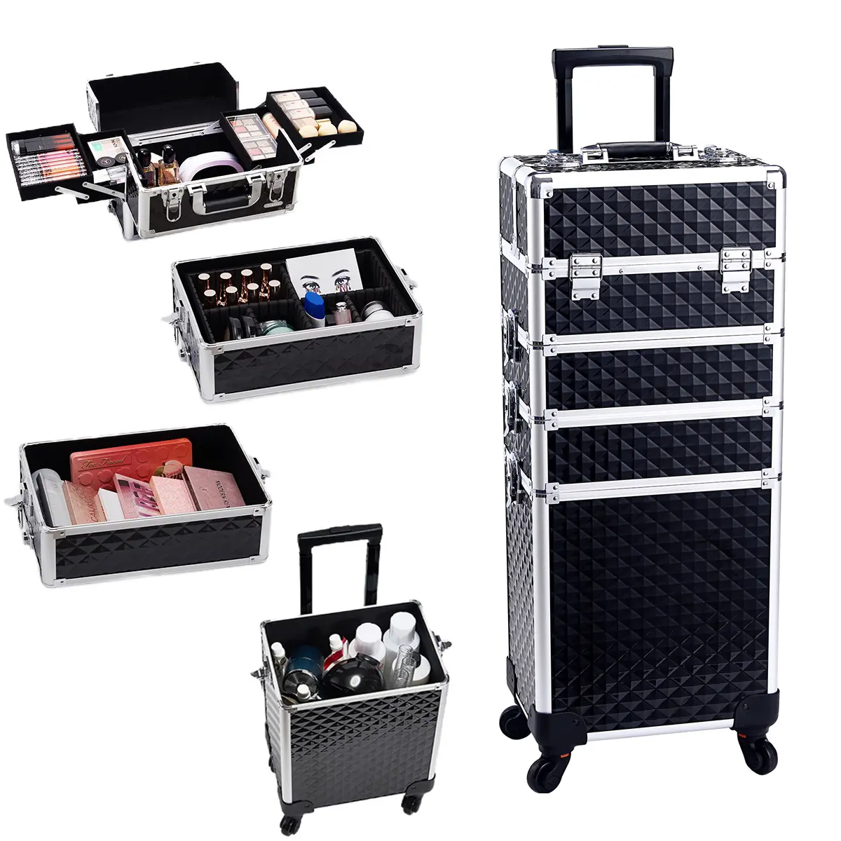 Joligrace 4 in 1 Rolling Makeup Train Case Large Cosmetic Trolley Box with Key Swivel Wheels Salon Barber Case