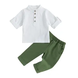 Toddler Boys Cotton Linen Outfits Pants Clothes Solid Color Short Sleeve Shirts Elastic Waist Long Pants Summer 2Pcs Sets