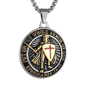 HZMAN Knights Templar Put On The Whole Armor of God Ephesians 6:13-17 Red Cross Design Stainless Steel Necklace for Men Jewelry