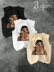 Men's Three-Piece Trendy Casual Sleeveless Vest Tank Top Set, Face-Wiping Woman Print, Perfect for Summer, Vacation, Friend Gatherings