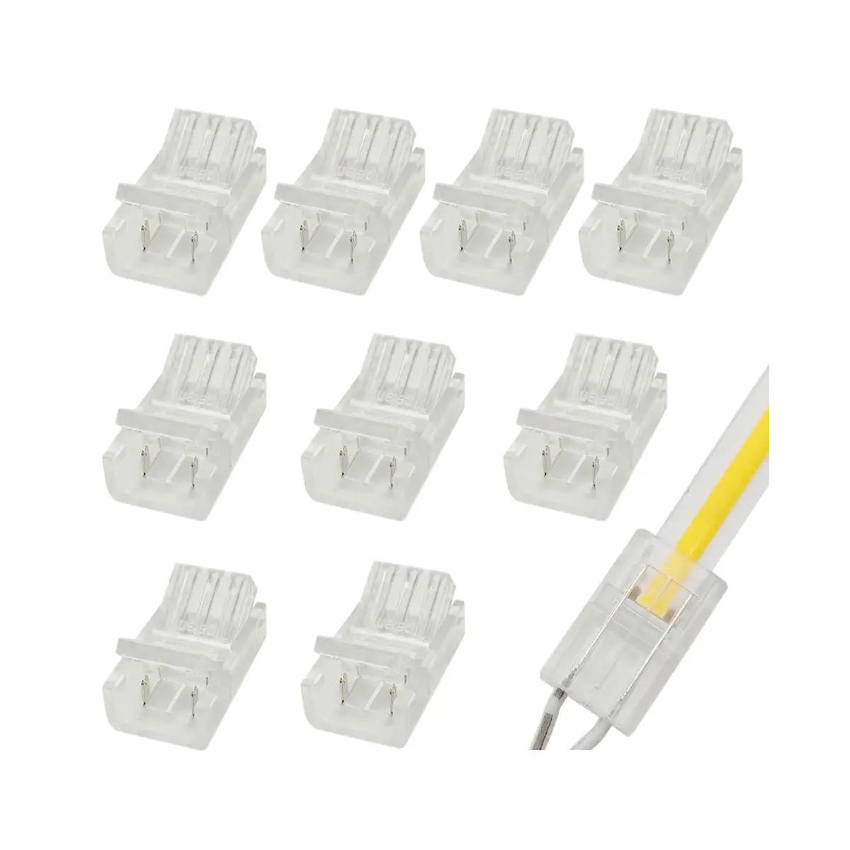 2-Pin 8mm COB Strip to Wire Connector Unwired Clips Solderless Adapter Terminal Extension Connection for High Density LED Strips Lights 12V 24V (Pack of 10)