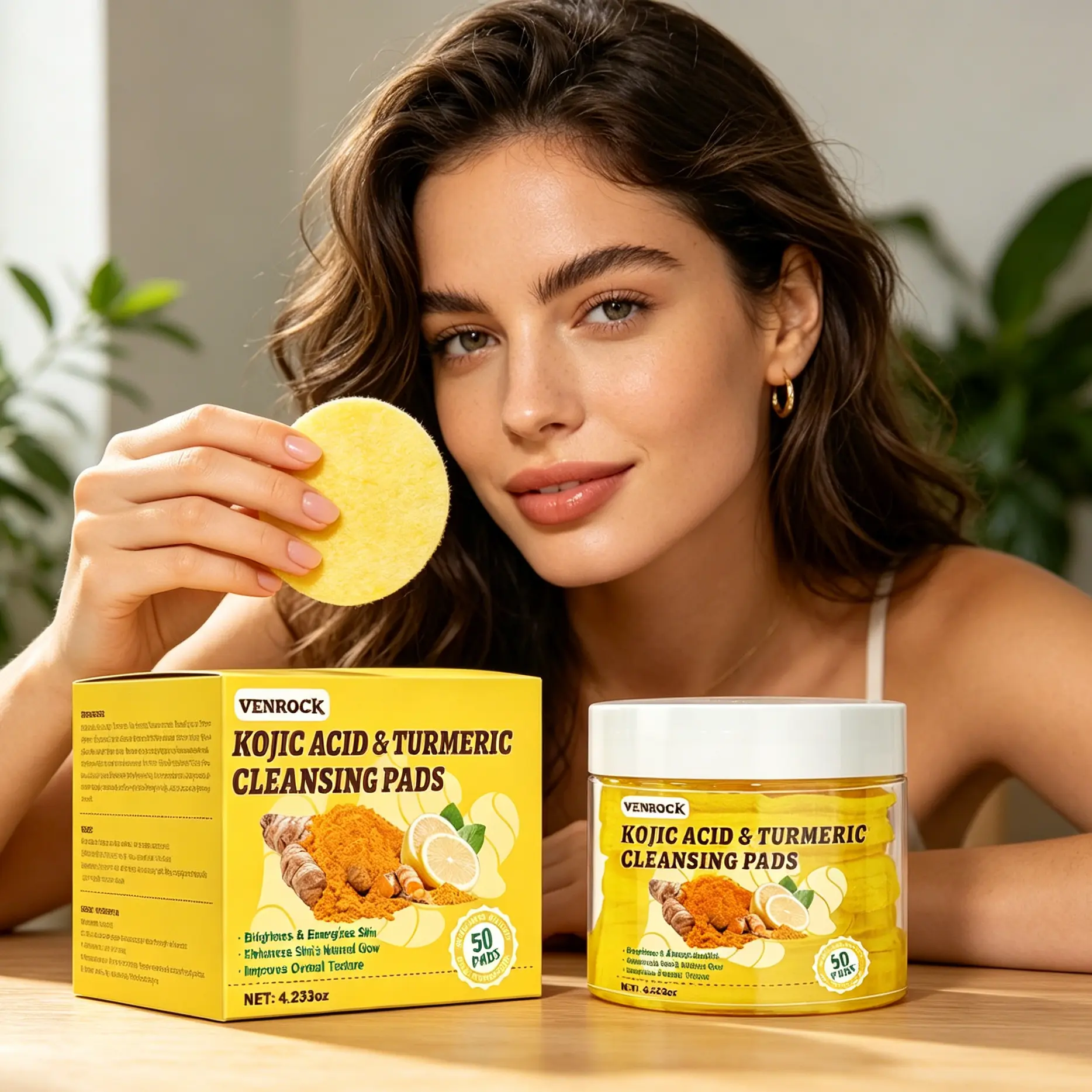 Women's Turmeric + Kojic Acid Pre-Moistened Facial Cleanser Pads - Dual-Sided Gentle Exfoliating Makeup Remover Wipes with Niacinamide, Daily Use for All Skin Types, Oil Control, Smooths Texture, Boosts Radiance
