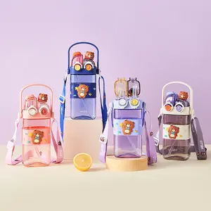 Cartoon pattern children's drinking cup 1 large capacity water bottle two drinking methods home office school drinking cup with straw lanyard children's gift Mug Drinkware Boys Wide Mouth Bottled Reusable Tumbler Portable