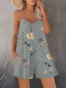 Comfortable Loose-Fit Floral Adjustable Romper, Perfect for Vacation, Well-Designed Pockets, U-Neck Ruched Effect, Elegant Cut, Ideal for Relaxing