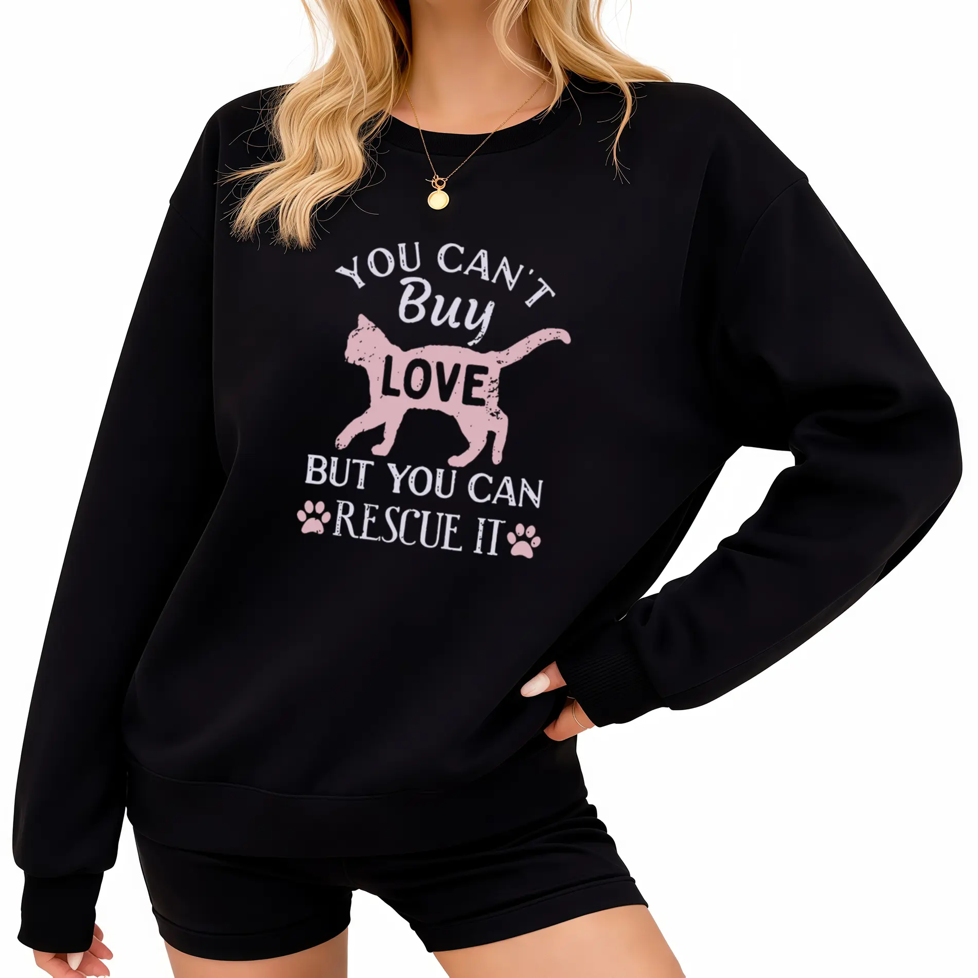 Women’s Long Sleeve Crewneck Sweatshirt – Distressed Cat Silhouette with Paw Print and Rescue Letter Graphic, Perfect Casual Wear for Cat Rescuers and Shelter Volunteers