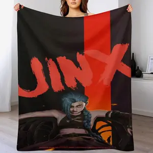 "Arcane" Jinx Flannel Throw Blanket — Jinx Logo Fleece Blanket, Black & Red Jinx Art Blanket — Esports Room Decor, Gift for Jinx Fans