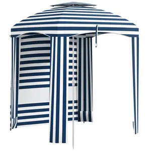 Outsunny 5.8' x 5.8' Portable Beach Umbrella with Double-Top, Ruffled Outdoor Cabana with Walls, Vents, Sandbags, Carry Bag, Blue & White Stripe