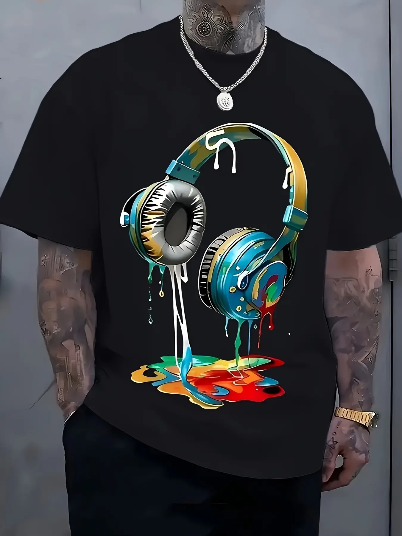 Men'S Streetwear Graphic T-Shirt | Vibrant Headphones and Paint Splatter Print - Breathable Fabric | Loose Casual Summer T-Shirt & Machine Washable, Casual Wear