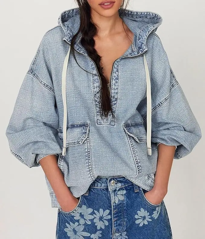 Loveimgs Women's Casual Denim Sweatshirt with Hood, Half Zip Oversized Pullover