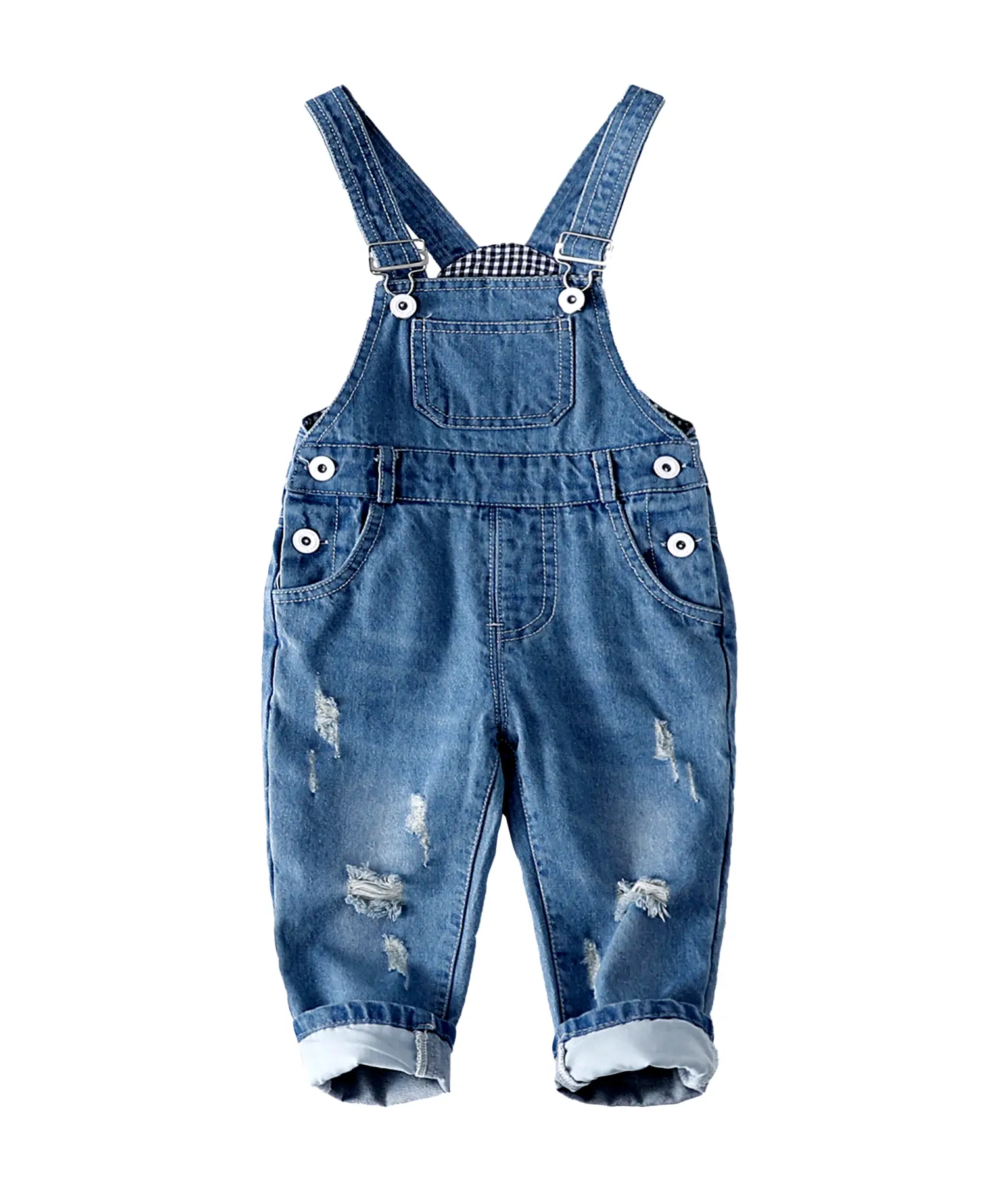 KIDSCOOL SPACE Unisex Toddler Adjustable Waist Ripped Denim Overalls - Light Wash, Distressed, Rolled Cuffs Bib Pants Jumpsuit for Boys and Girls, Adjustable Waist Overalls