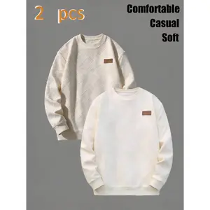 Men's Loose-Fit Crew Neck Sweatshirt: Quilted Texture, Leather Patch Detail, Daily Casual Outfit