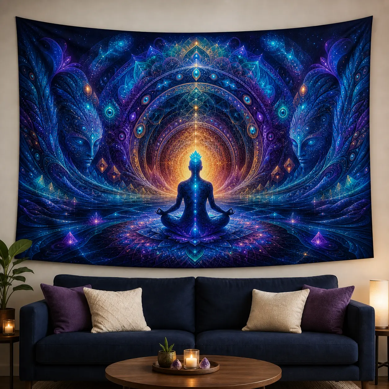 Cosmic Meditation Wall Tapestry, Blue Psychedelic Mandala and Spiritual Art, Lightweight Linen Fabric Wall Hanging for Bedroom or Meditation Room