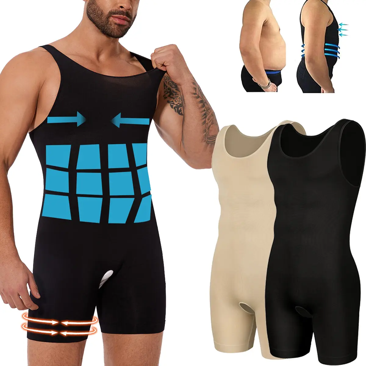 Men's Body Shaper Bodysuit with Tummy Control, Sleeveless Chest Compression Top, Solid Stretch Breathable Shapewear Garment for All Seasons Fitness, Body Shaping Shapewear