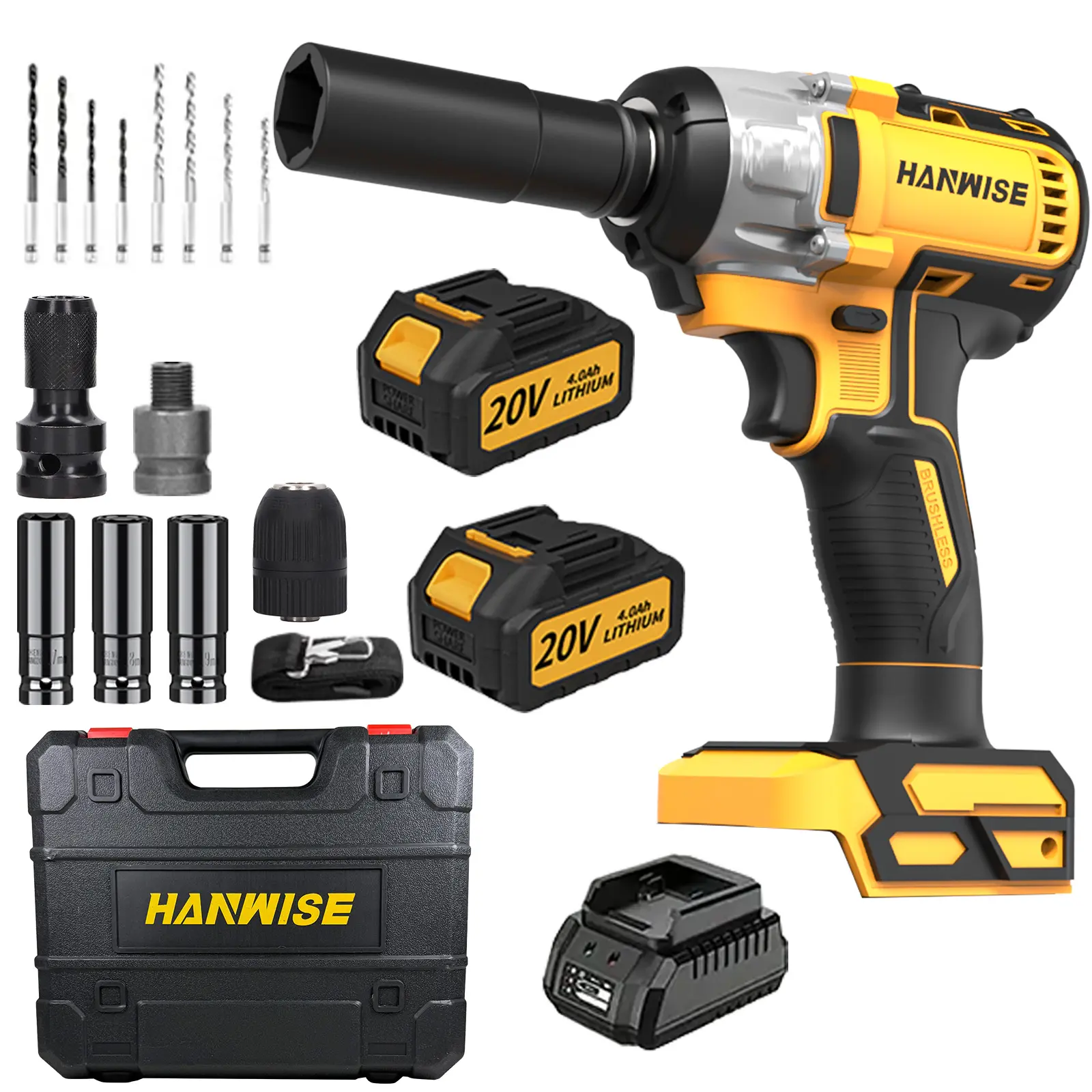 Cordless impact wrench. 1/2-inch square head design, equipped with battery pack, charger, various sizes of sleeves, and tool plastic box. It is a great helper in family life and work, and can also be given as a beautiful gift to family