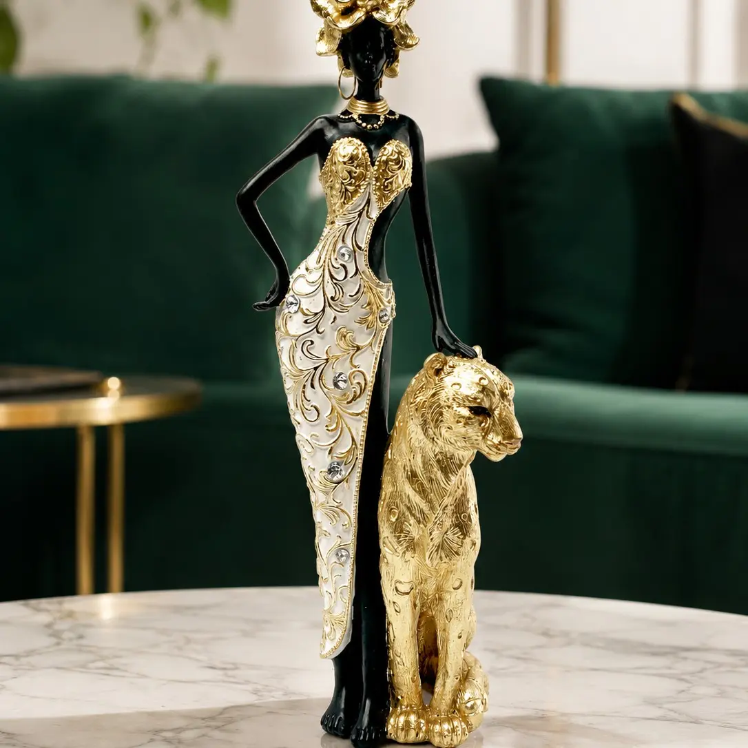 Luxury Gold African Woman and Leopard Sculpture, Resin Tribal Lady and Panther Ornament, Modern Art Decor Statue for Home Tabletop Decor, Decorative Statues
