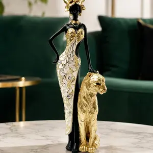 Luxury Gold African Woman and Leopard Sculpture, Resin Tribal Lady and Panther Ornament, Modern Art Decor Statue for Home