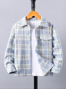 Boys' Blue Chunky Knit Plaid Lapel Long Sleeve Jacket, Casual Fall Outerwear for Middle School Kids, Stylish Versatile Plaid Print Coat, Thick Heavy Coats