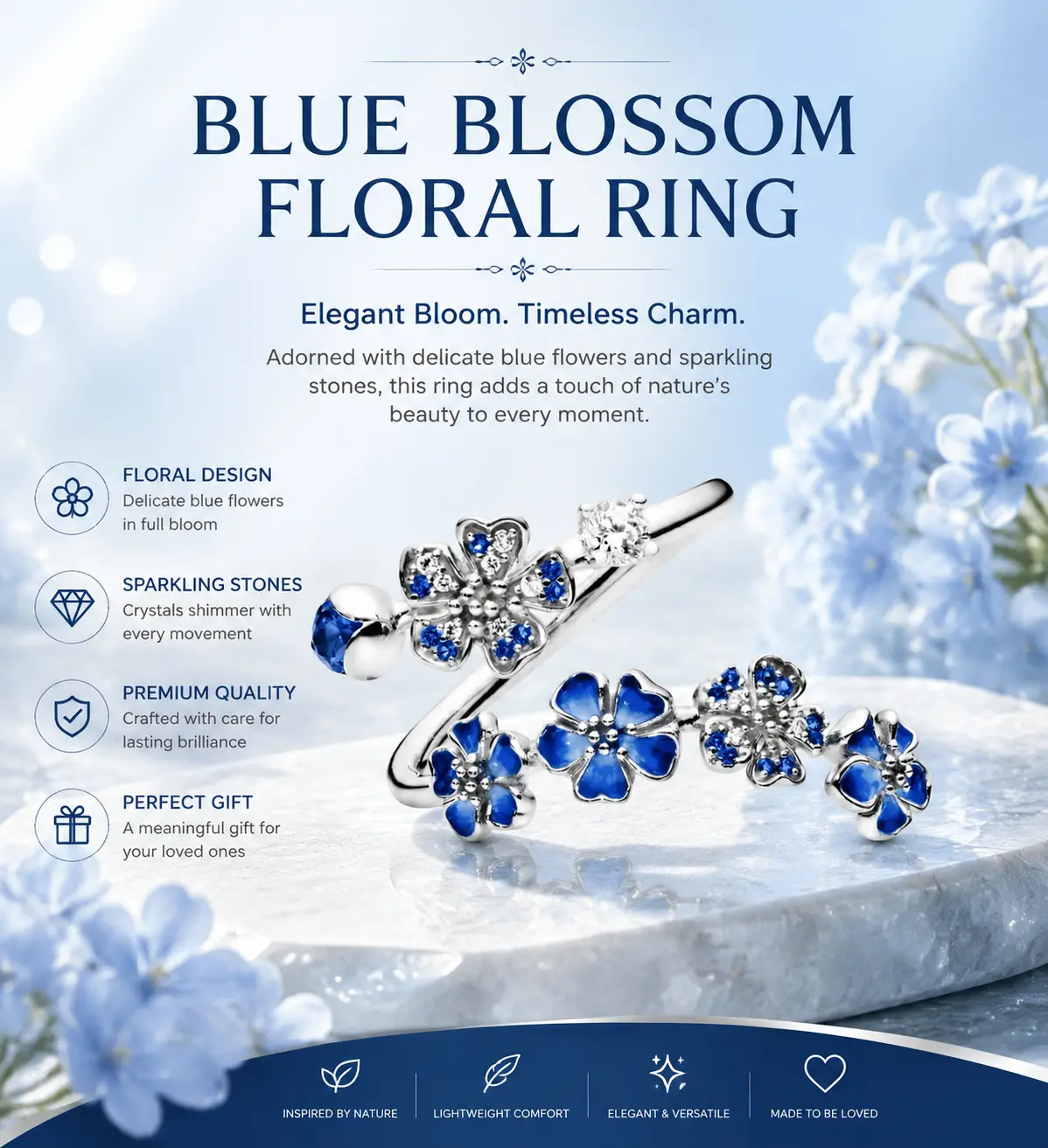 Blue Peach Blossom Open Ring for Women, Adjustable Gold Tone Jewelry with Beaded Floral Design, Elegant Statement Accessory for Daily Wear and Special Gifts