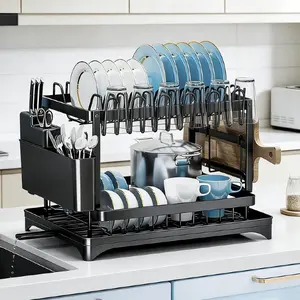 2 Tier Dish Drying Rack Stainless Steel Drainboard lron Dish Drainers Kitchen Counter Sink Adjustable Spout Utensil Holder Knife Slots Rustproof Board Durable Easy to Install Perfectsize Great Value Sturdy Classy Organiser,Festival Gift,Black