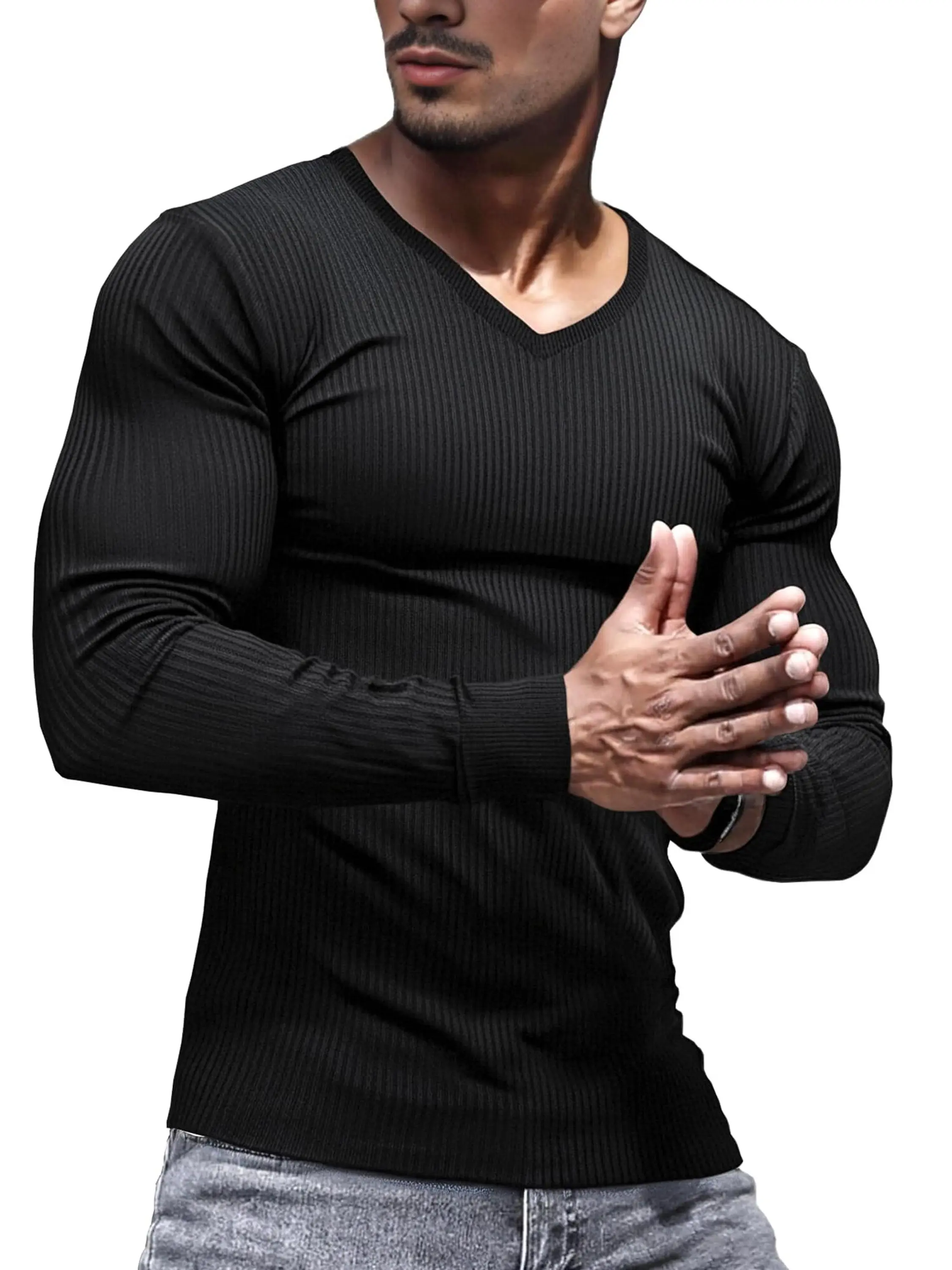 Lehmanlin Men's Fitted Long Sleeve V-Neck Knit Muscle Shirt - Stretch Ribbing, Thermal Base Layer, Solid Pullover Undershirt for Workout, Casual Wear, Knitting