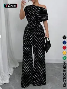 Women's Polka Dot Print Wide-Leg Jumpsuit, Asymmetrical Neckline Short Sleeves Jumpsuit with Waist Tie Belt, Smooth Drapey Woven Fabric, Ideal for Office Commute, Date Night & Party Wear, Breathable Non-Wrinkle Fabric, Elegant Retro Style, Womenswear