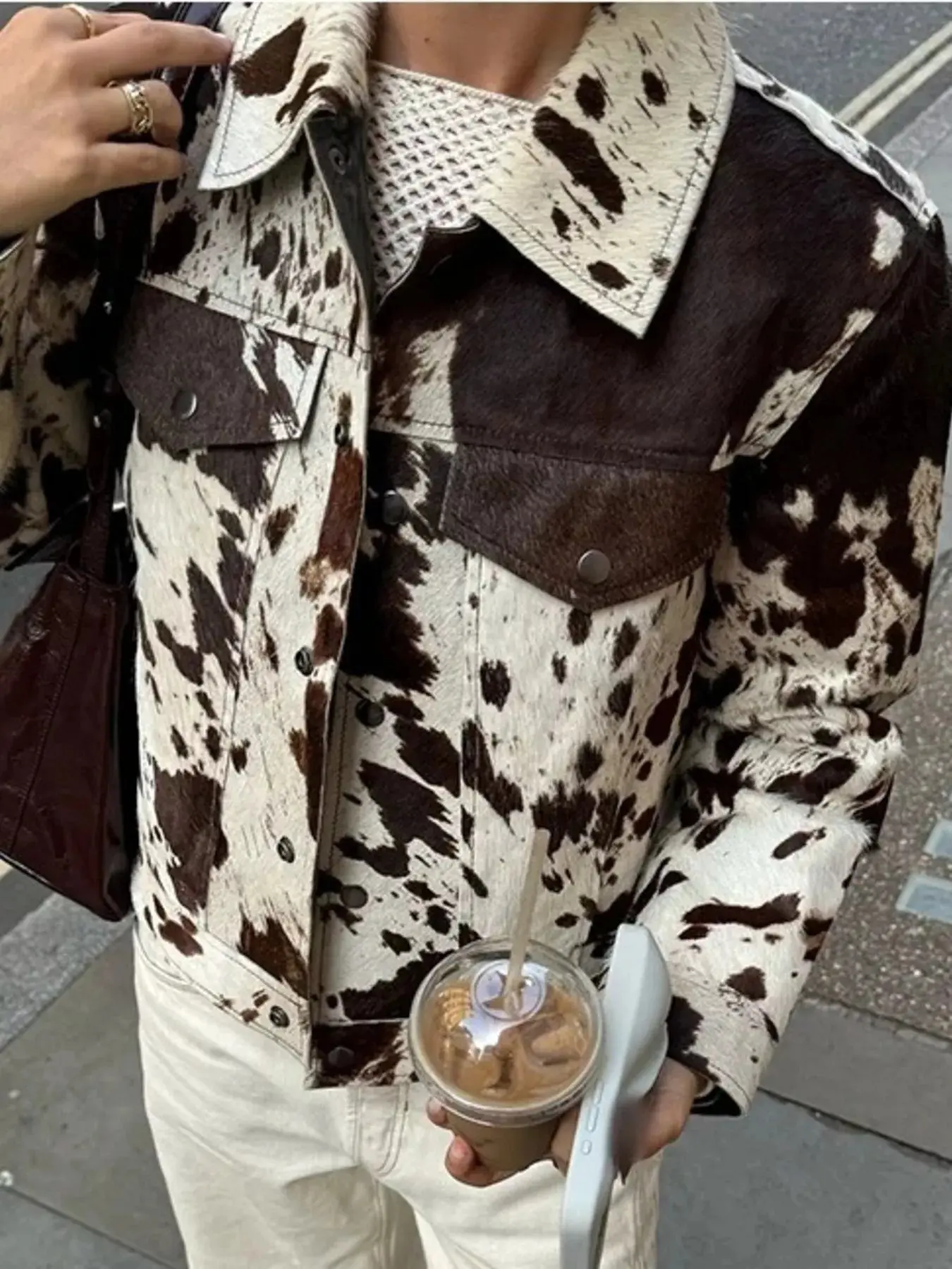 Women's Cow Print Jacket, Casual Long Sleeve Button-Down Collared Shacket in 100% Polyester, Top, Coats, Longsleeves