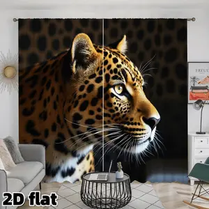 2D Flat 2Pcs Wildlife Leopard Print Curtains Panels Modern Animal Pattern Rod Pocket Design Semi Sunshade Polyester Fabric Suitable for Living Room Bedroom Kitchen Study Window Treatment Home Decor Draperies