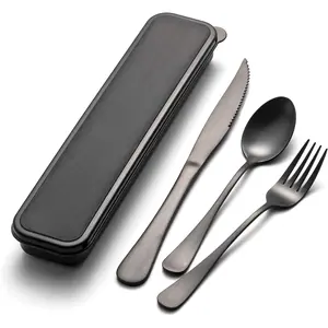 4-pieces Travel Set with Case Portable Silverware Utensils Set for work, Stainless Steel  Flatware Set Cutlery Set for Camping Picnic Hiking Office (6.7inch, Matte Black)