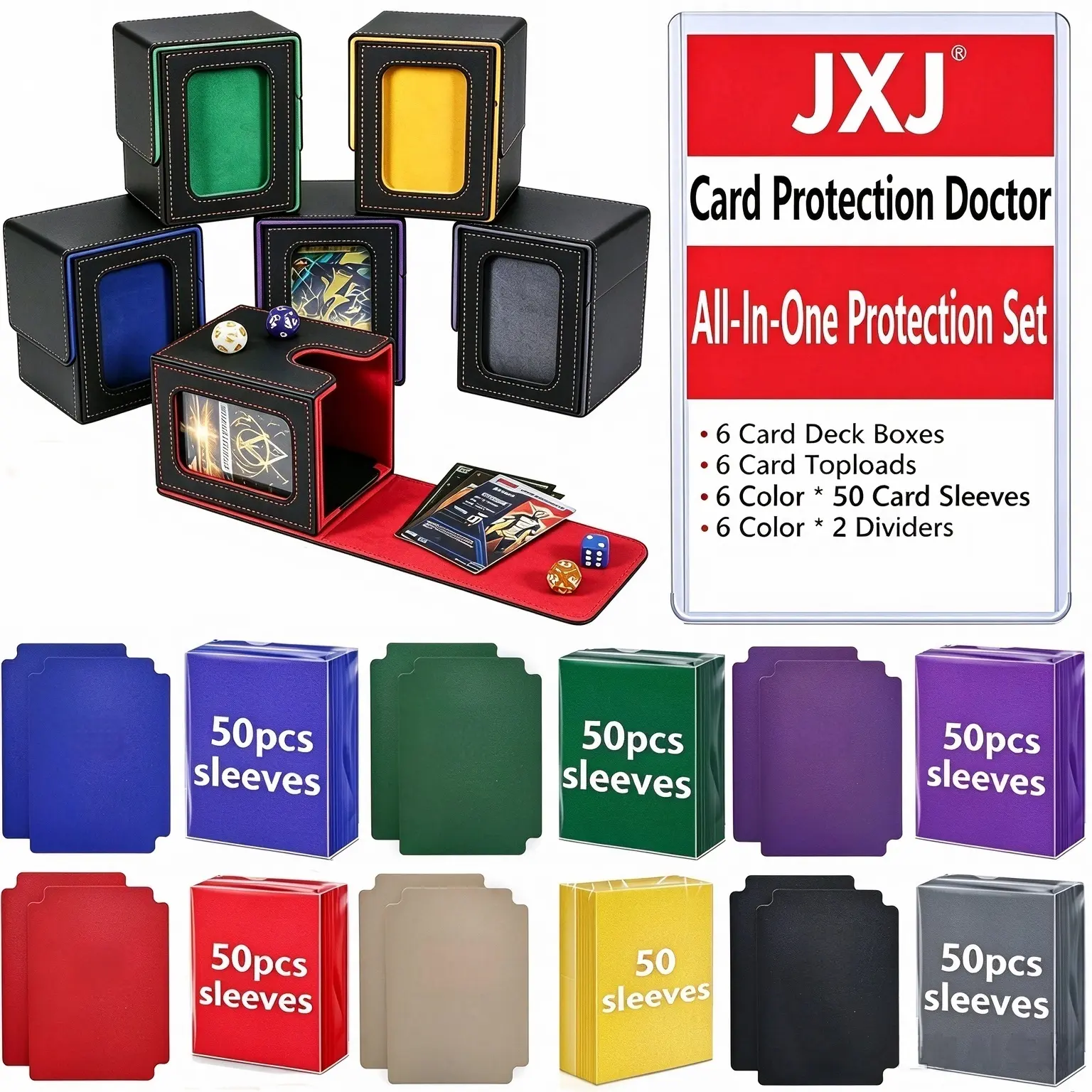 [ 6pcs Card Deck Box + 300 Sleeves ] 6 Colors For MTG Commander Display, Deck Case Holds 100+ Double-Sleeved Cards, Trading Card Storage Box Fits TCG/PTCG/Sports Card With 300pcs Sleeves, 12 Dividers, 6 Top Loaders