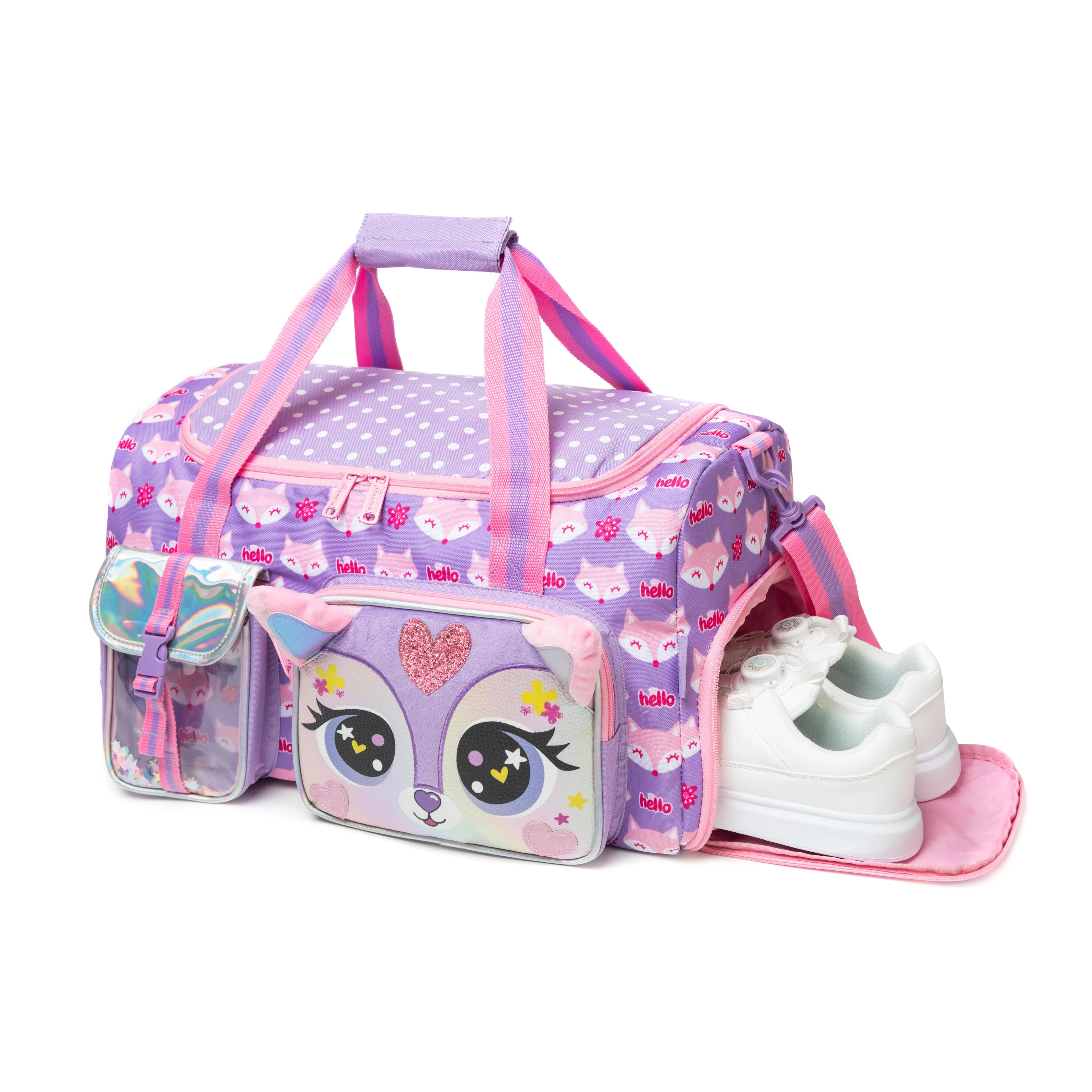 Purple Fox Print Flight Friendly Duffle Bag for Girls – Kids Travel Bag with Glitter Pouch – Cute Cartoon Duffel for Air Travel, Sleepovers & School carry suitcase