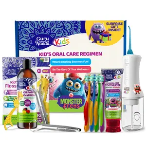 GuruNanda Kids Oral Care Regimen Kit - Toothpaste, Butter On Gums Toothbrush, Oil Pulling Mouthwash, Giraffe Floss Picks, Water Flosser & Tongue Scrapers